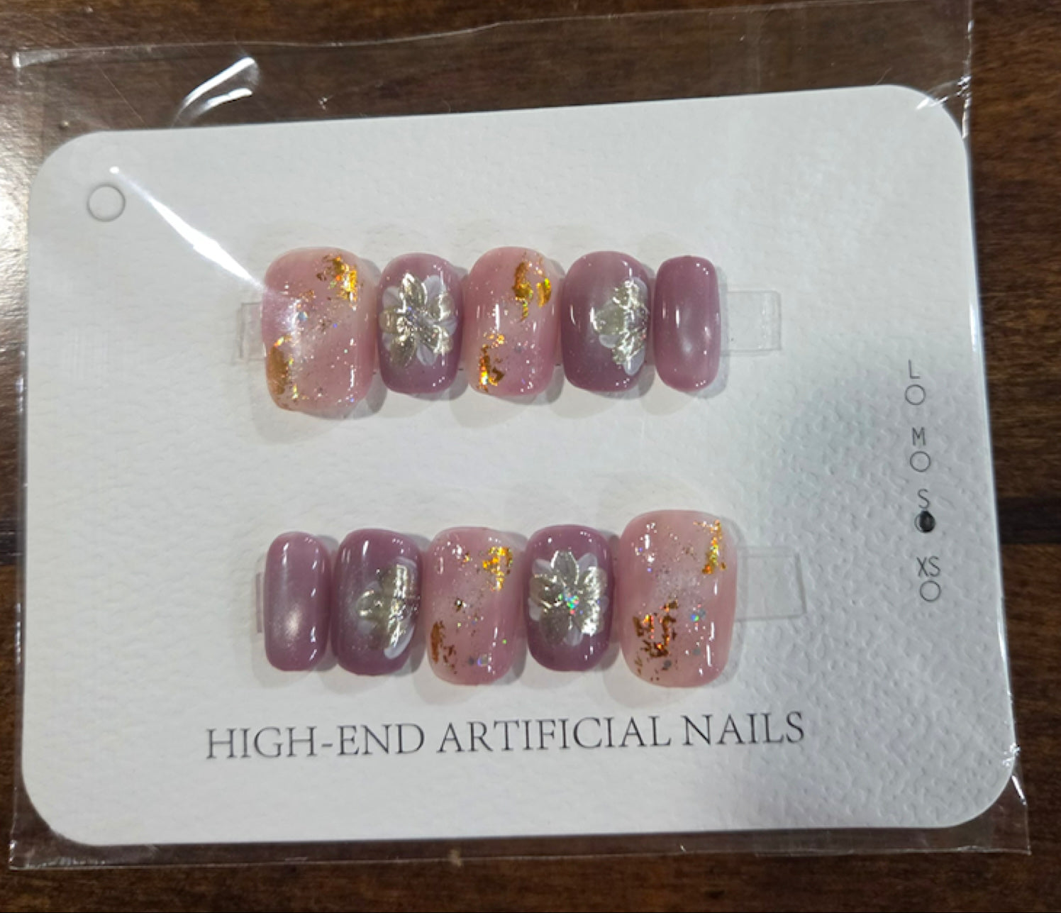 Dusty Mauve Foil Floral Press-On Nail Set