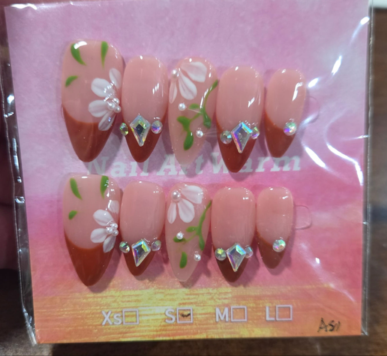 Blush Red V-Tip Floral Almond Press-On Nail Set
