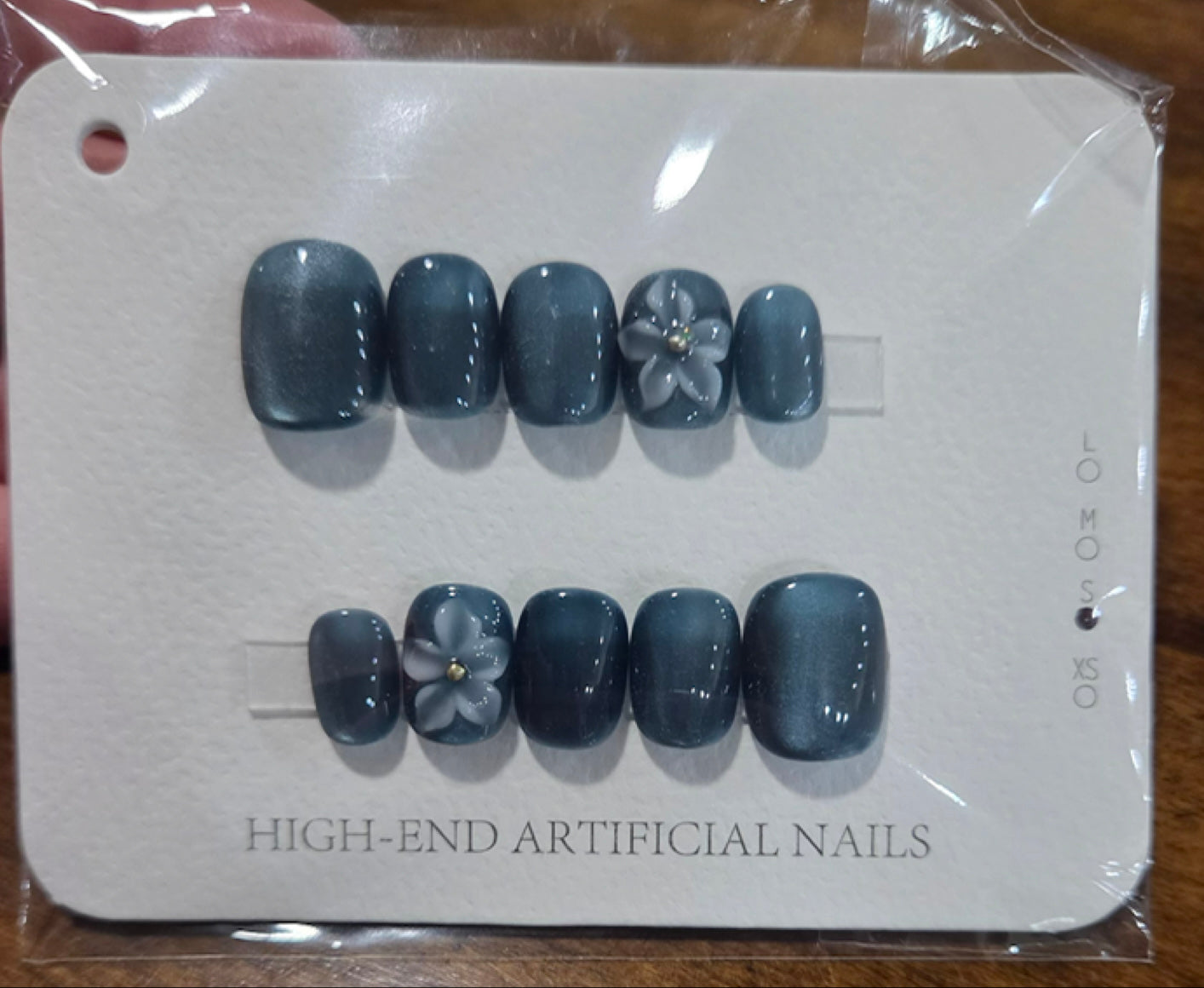 Slate Blue 3D Floral Press-On Nail Set