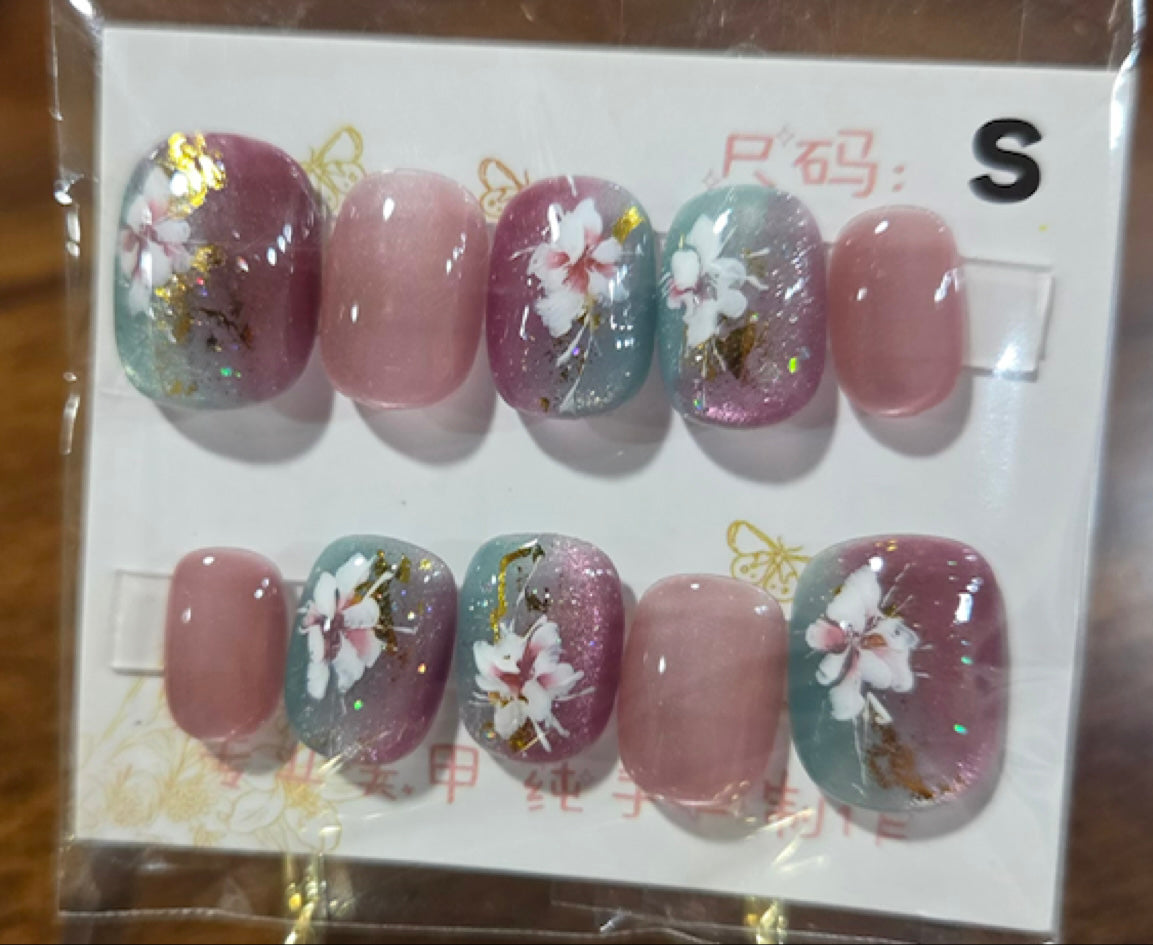 Dusty Pink Teal Floral Ombre Press-On Nail Set